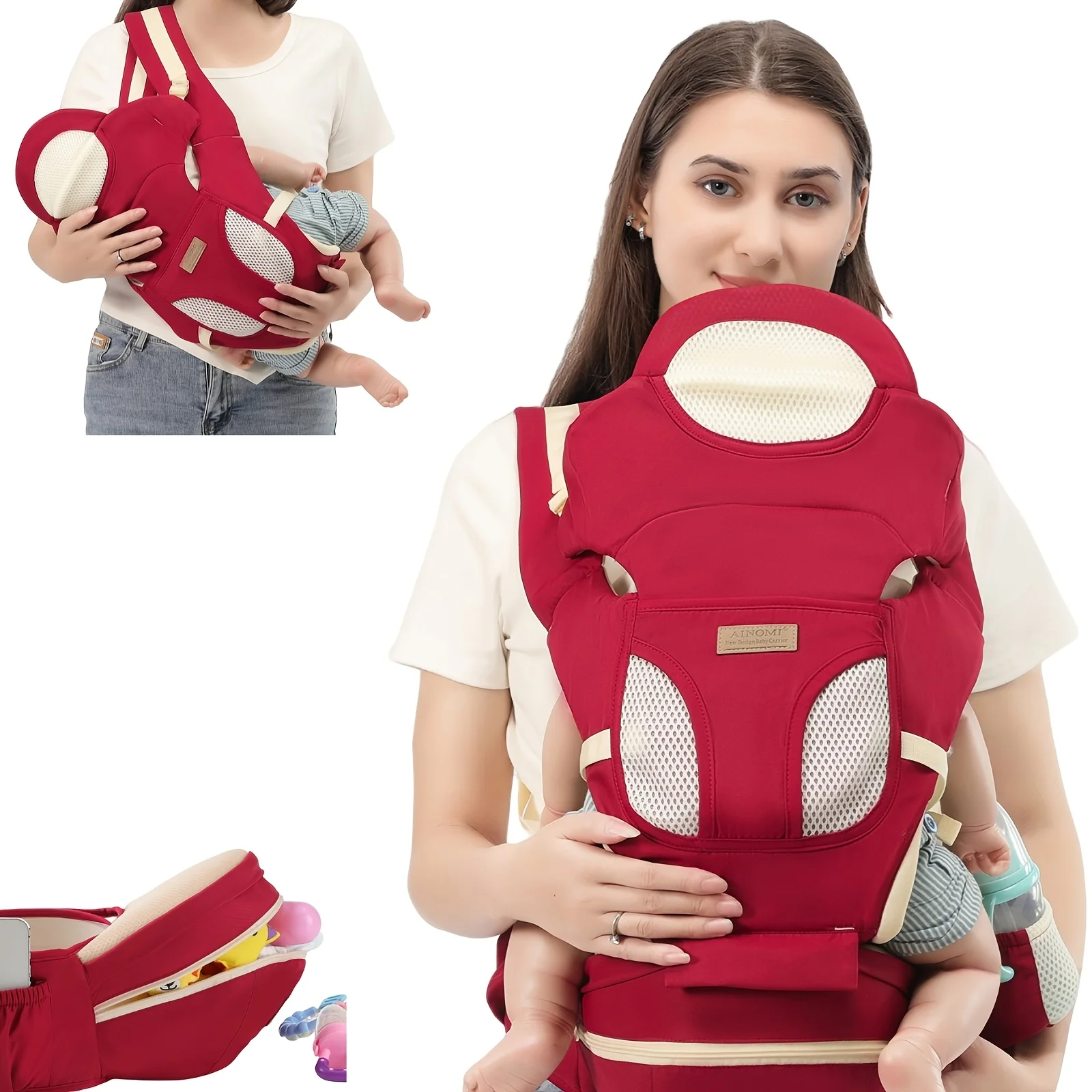 Ergonomic Baby Carrier with Hip Seat, Wine Red Breathable Mesh Infant Backpack Carrier, Multi-Position Hands-Free Baby Sling wit