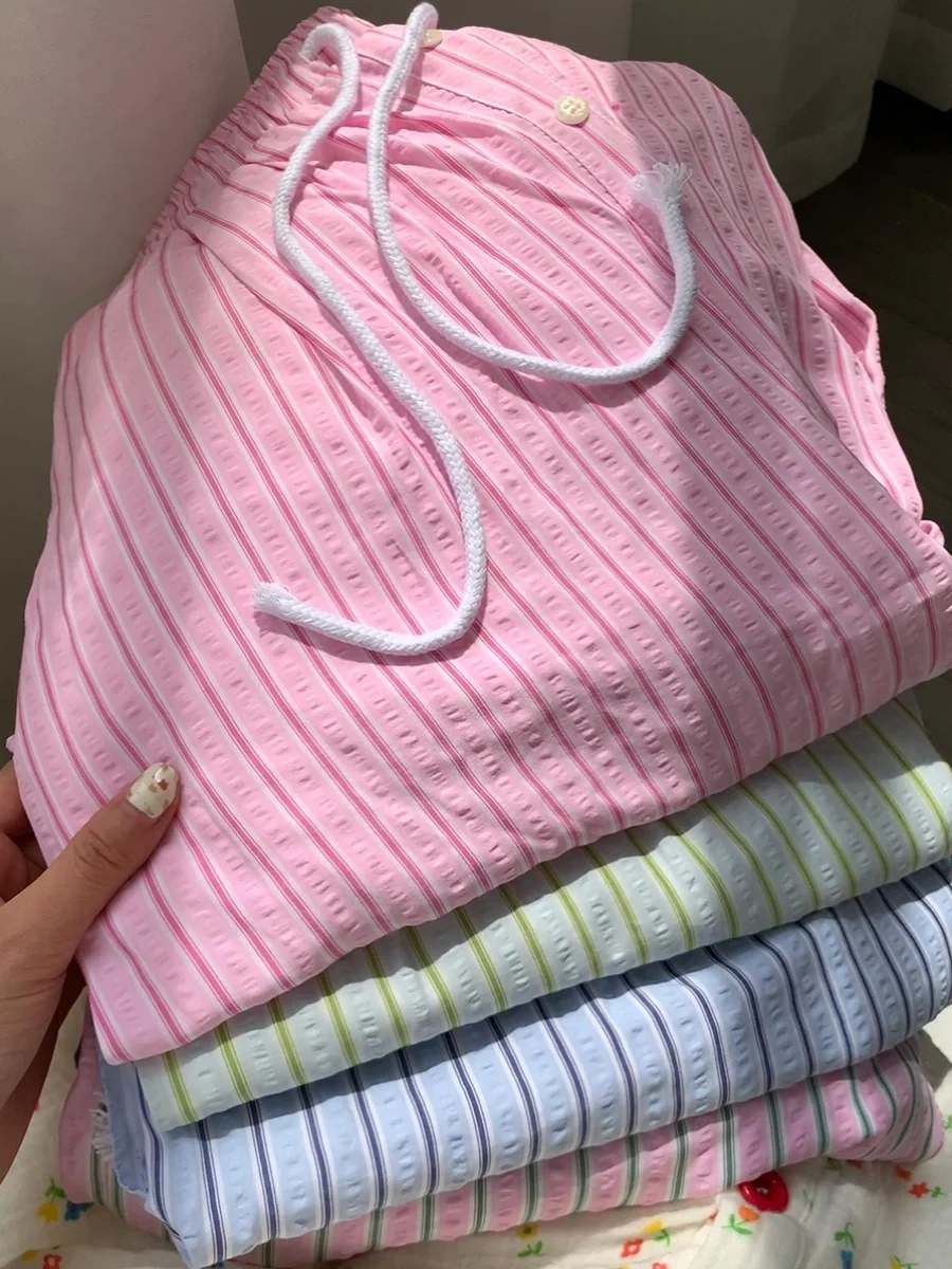 Sweet Skin-Friendly Stripe Sleep Pants Summer Casual Loose Wide Leg Long Pants plus Size Comfortable Home Clothes for Women