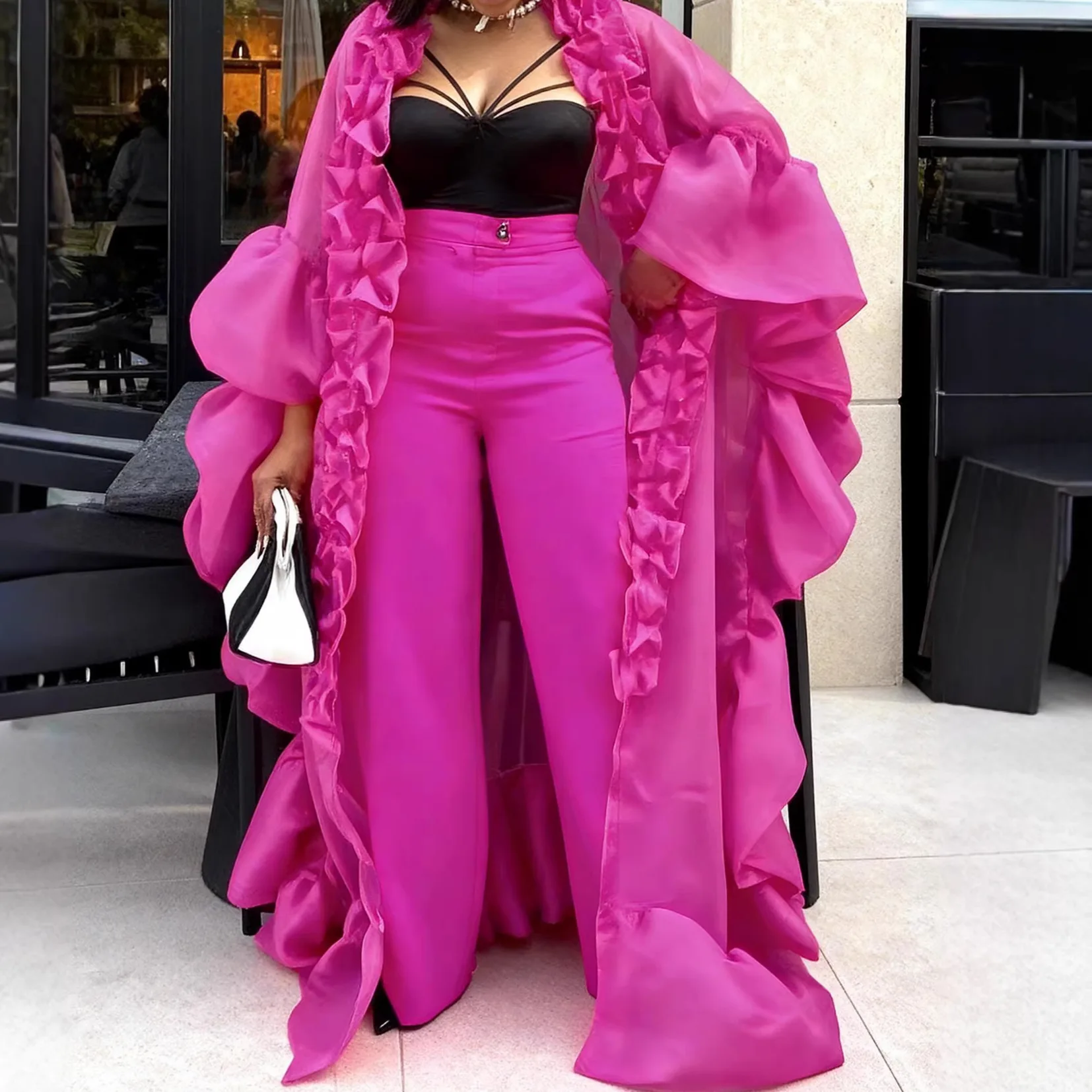 Two Pieces Women Pant Sets Solid Matching Set Pleated Lace Puff Sleeves Long Cardigan Wide Leg Pants Loose Casual 2026 Spring