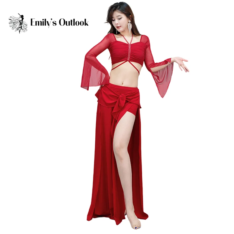 

Water Yarn Bellydance Costume LOng Horn Sleeve Top Sexy Side Split Skirt Gauze Flowy Dancer Stage Clothes Training Outfit XL