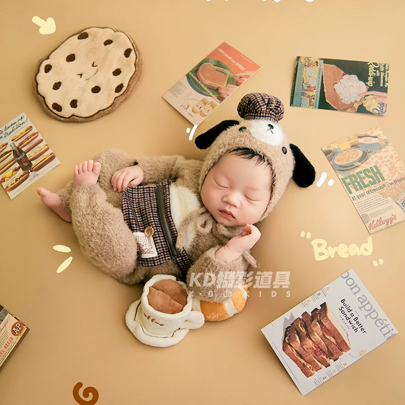 Bakery Theme Newborn Photography Outfit Chef Hooded Romper+Cute Puppy Hat+Bread/Coffee Plush Toy Props Baby Photoshoot Costumes