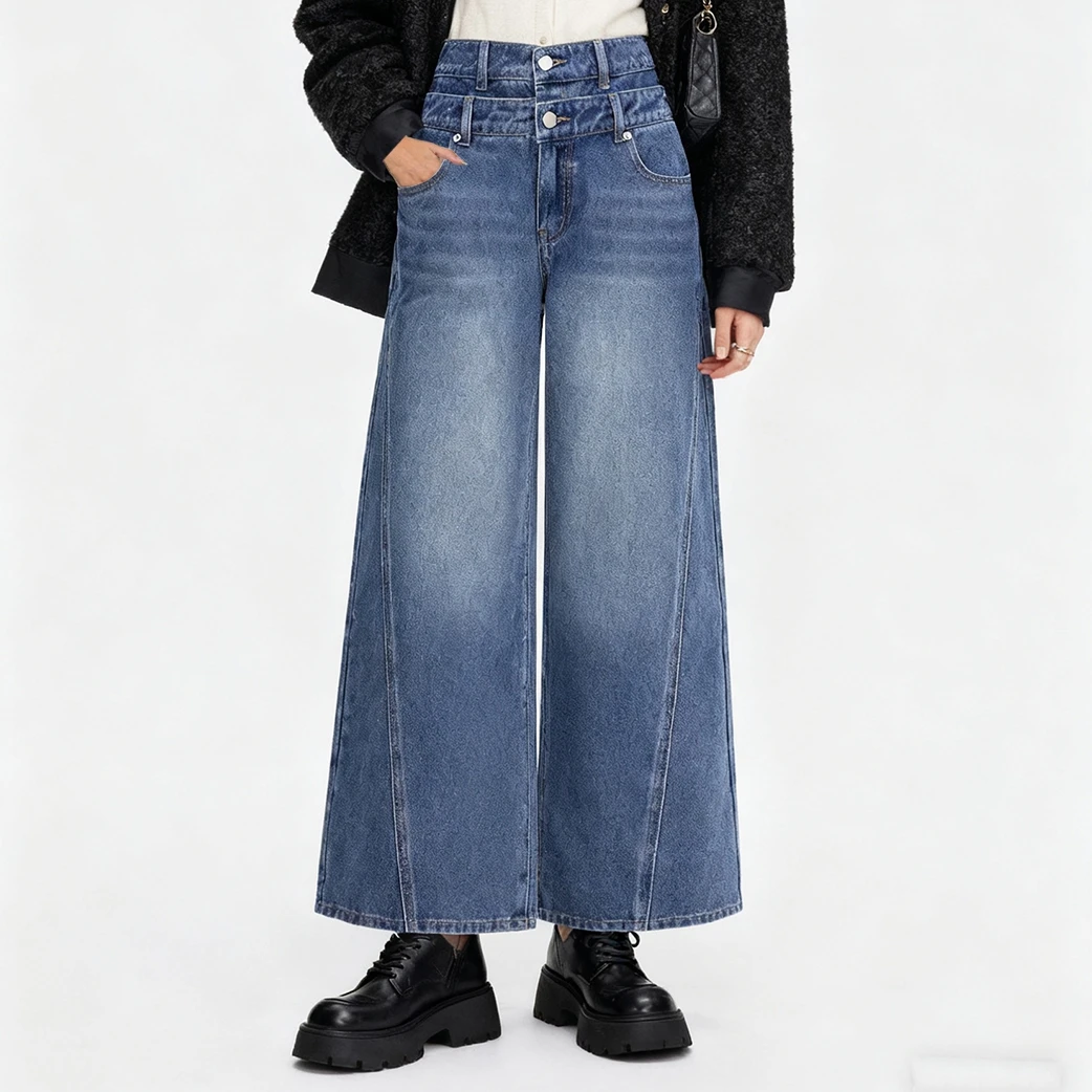 Jean taille haute en Polyester bleu à jambes larges pour femmes, avec fermeture à double bouton, poches avant, pantalon en Denim à jambes larges