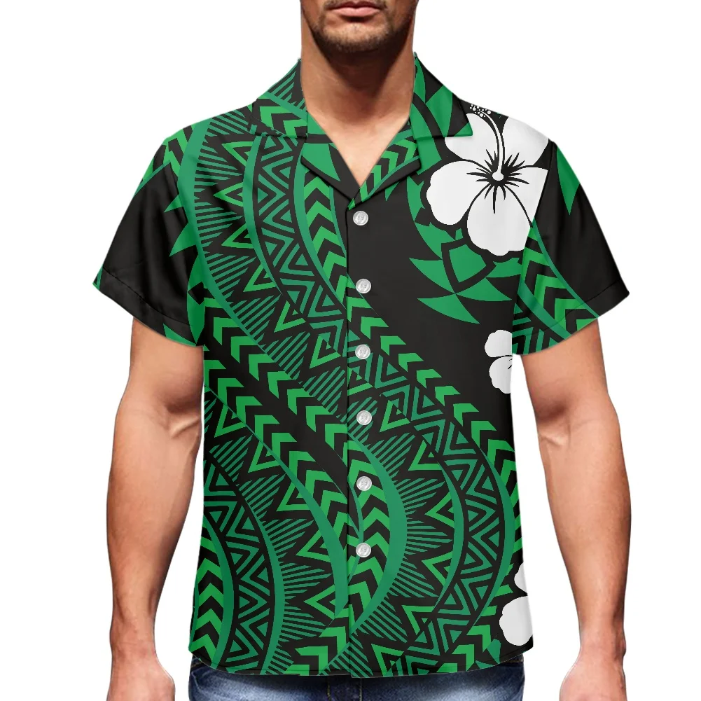 Samoan Green Pattern Print Hibiscus Flower Shirt Cuban Version Men Shirt Summer Short Sleeve Lapel Clothing Perfect For Travel P