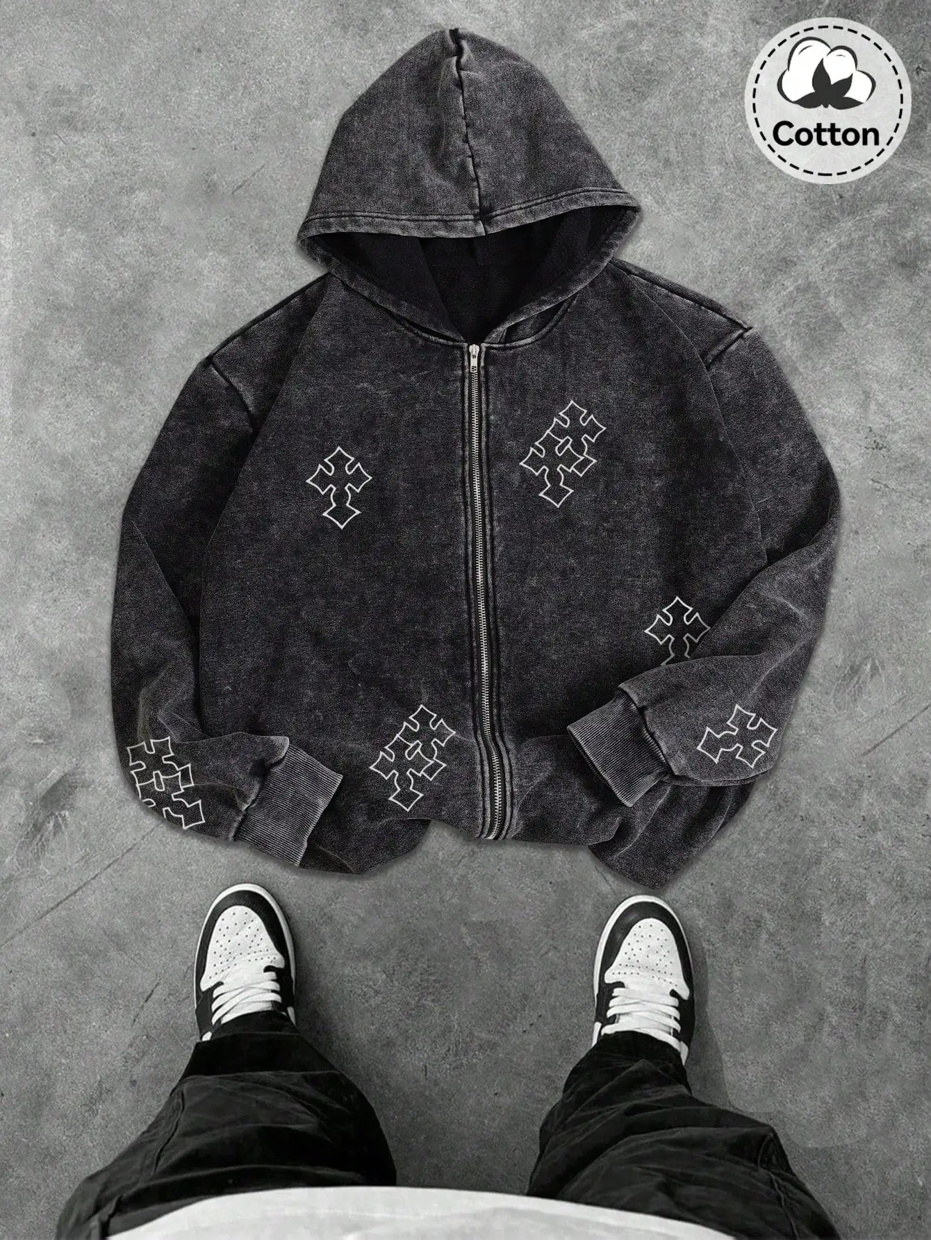 

Men's Distressed Black Zip-Up Hoodie with Geometric Cross Print, Cotton Blend, Casual Streetwear for Fall Winter