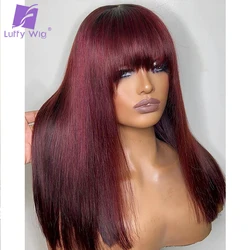 200 Density Burgundy 99J Straight Human Hair Wig With Bangs Full Machine Made Scalp Top Wig Remy Brazilian Glueless Wigs