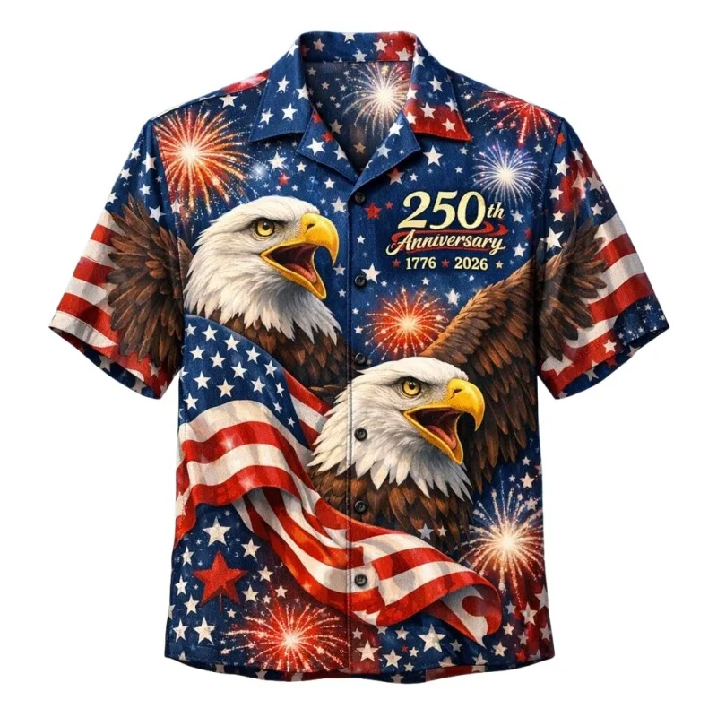 

God Bless America 250 Year Hawaiian Shirt For Men 3D Print Eagle Flag Cross Short Sleeve Tops Summer Blouses Loose Aloha Shirts