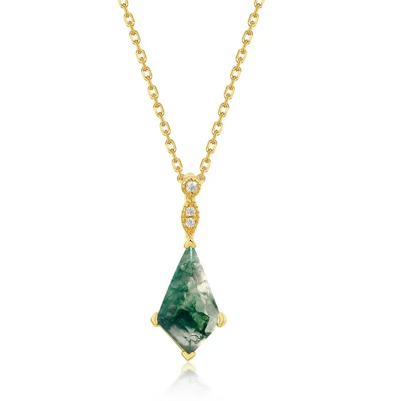 

Geometric Natural Agate Pendant S925 Silver Plated 18K Gold PT950 Platinum Green Moss Stone Necklace