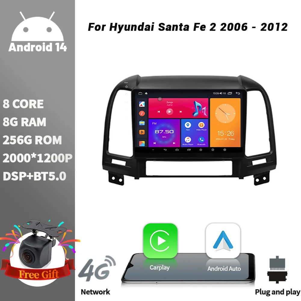 Android Wireless CarPlay Screen Stereo For Hyundai Santa Fe 2 2006-2012 WIFI Car Radio Multimedia Player Navigation