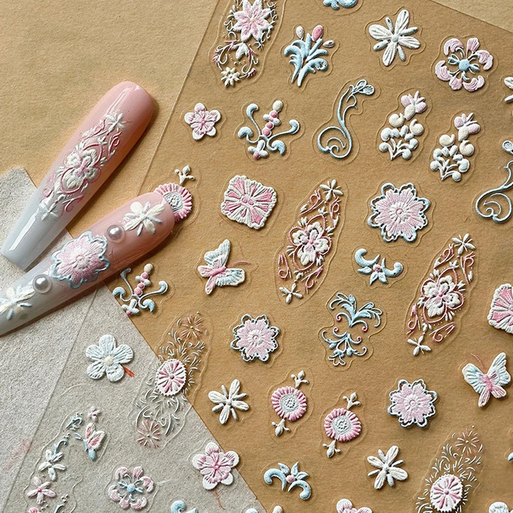 

Розовый вышитый цветок лепесток узор бабочка богемный тотем рельеф самоклеящаяся 5D наклейка для украшения ногтей маникюр наклейка