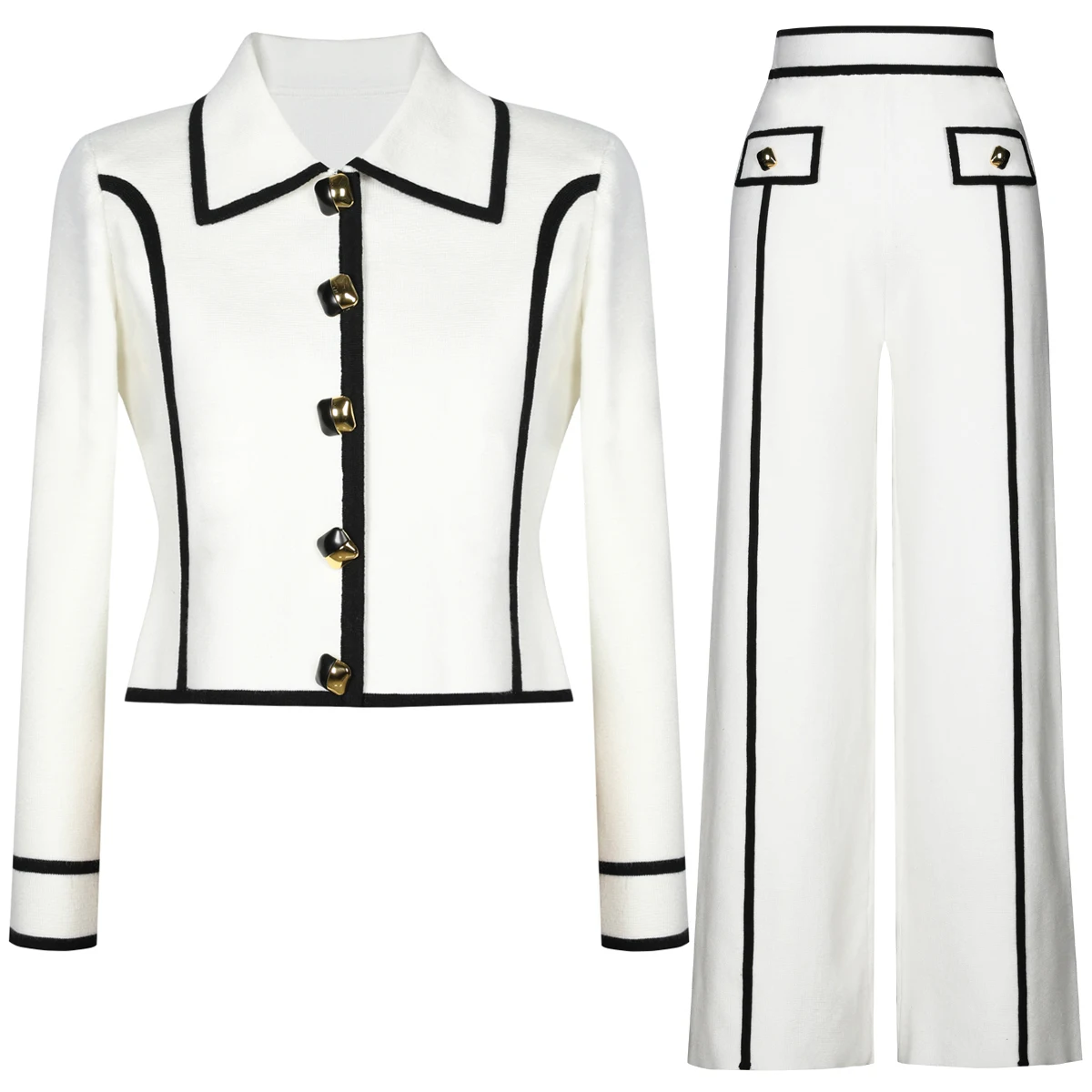 

Весенне-осенний новый модный вязаный сверхпрочный шерстяной кардиган с металлической пряжкой и откидным воротником с длинными рукавами, топ, прямые брюки, комплект