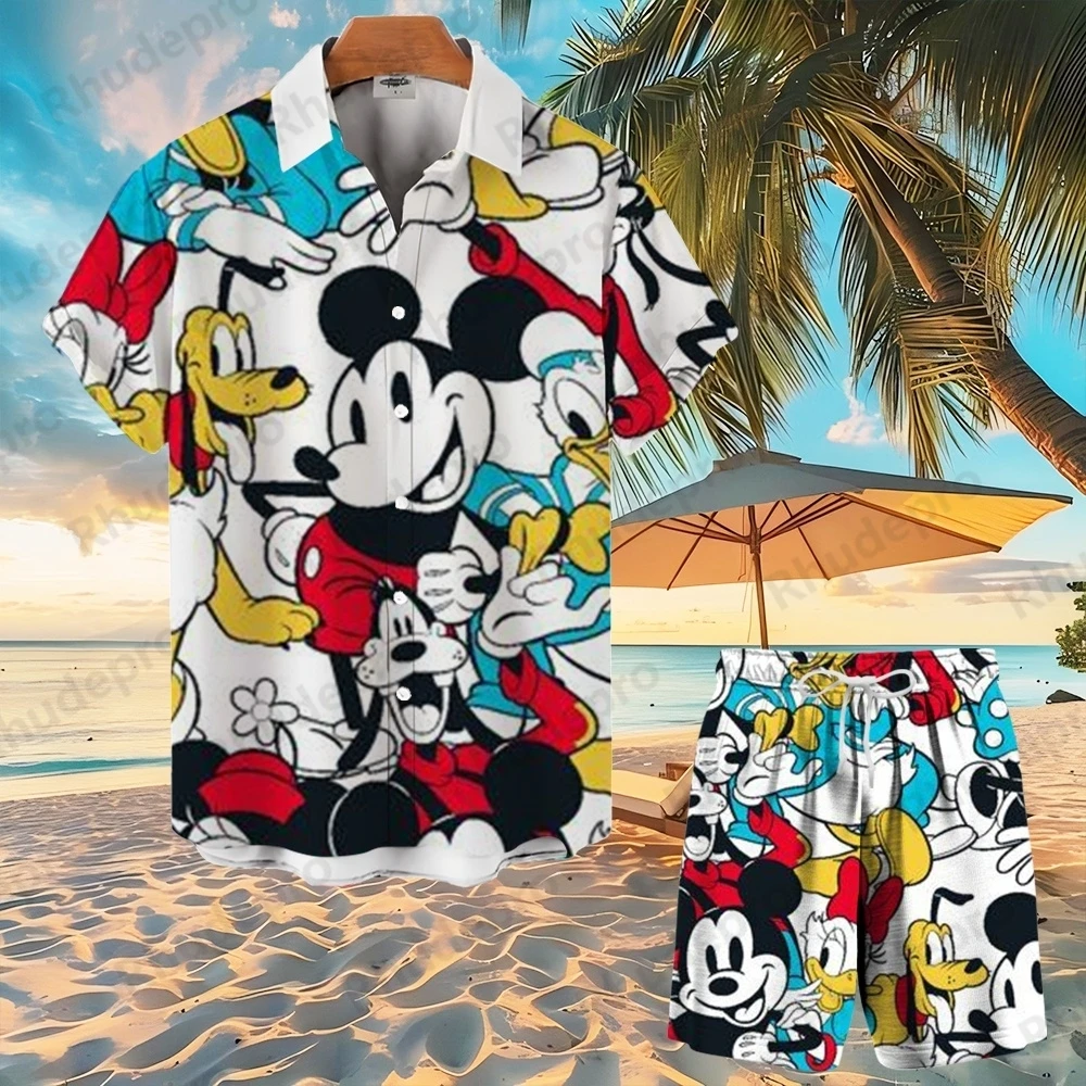 

Летняя рубашка на пуговицах с Микки Маусом Disney, пляжные шорты с героями мультфильмов, гавайская мужская и женская рубашка, шорты с короткими рукавами, костюм-рубашка