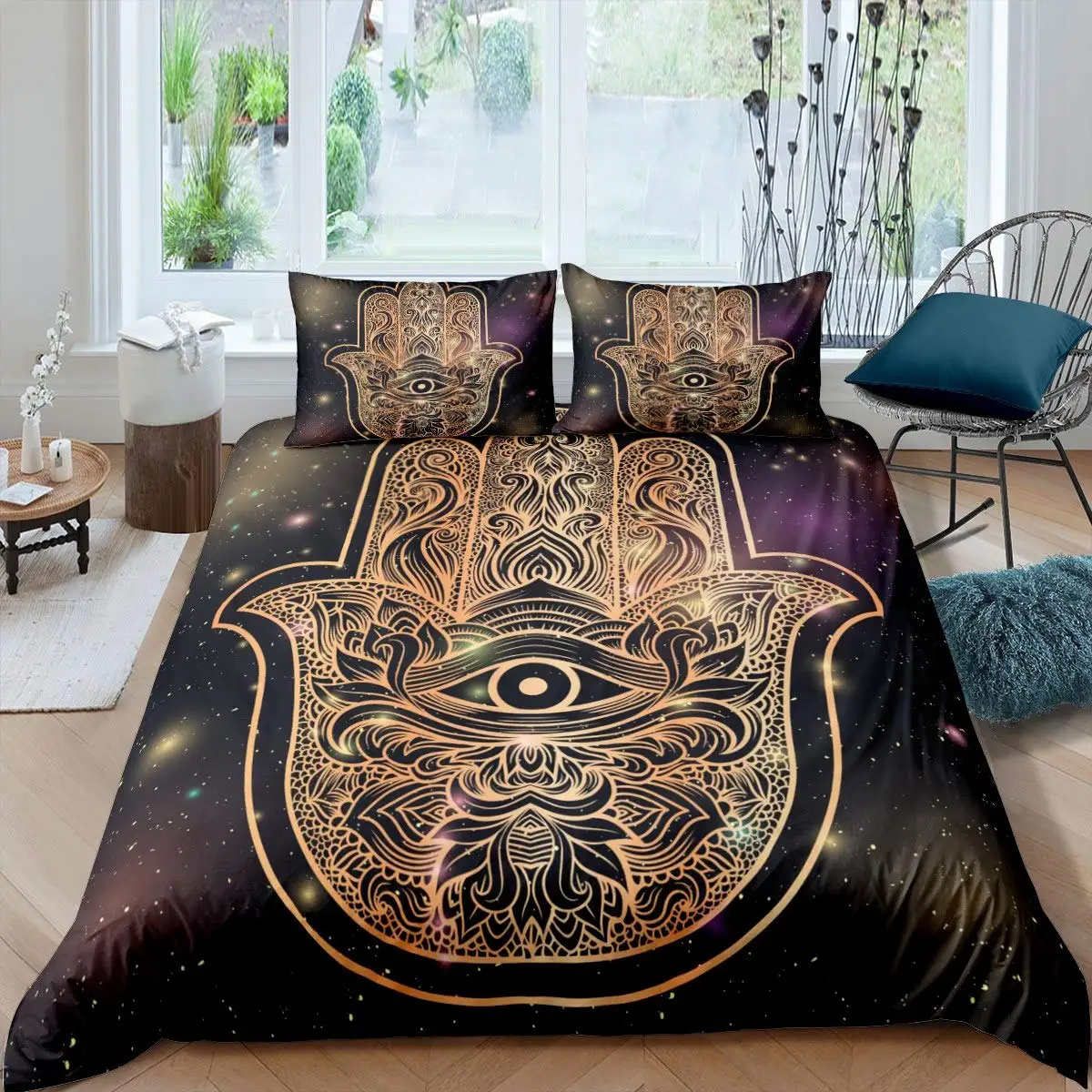 

Indian Hand Hamsa Duvet Cover Polyester Galaxy Bedding Set Boho Chic Style Comforter Cover For Teen Adult Double Queen King Size