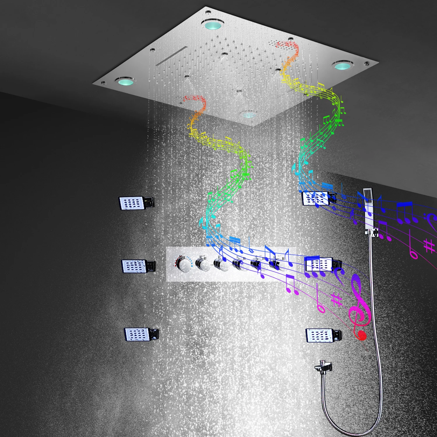 Hm teto do banheiro montado sistema de chuveiro chuvas led escondido cachoeira massagem termostática chuveiro torneira conjunto