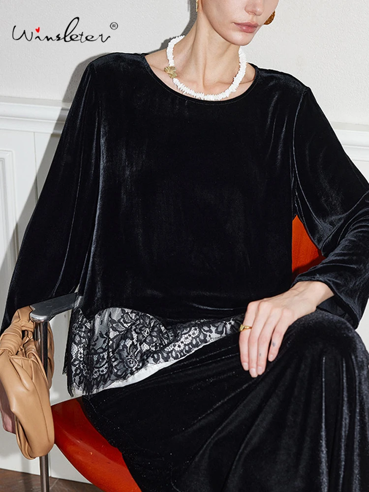 

Winsleter-Bottom 100%Real Silk Elegant Velvet T-shirt, O Neck Lace Patchwork, Woman Retro French Chic Top, 2026 Spring T61037CC