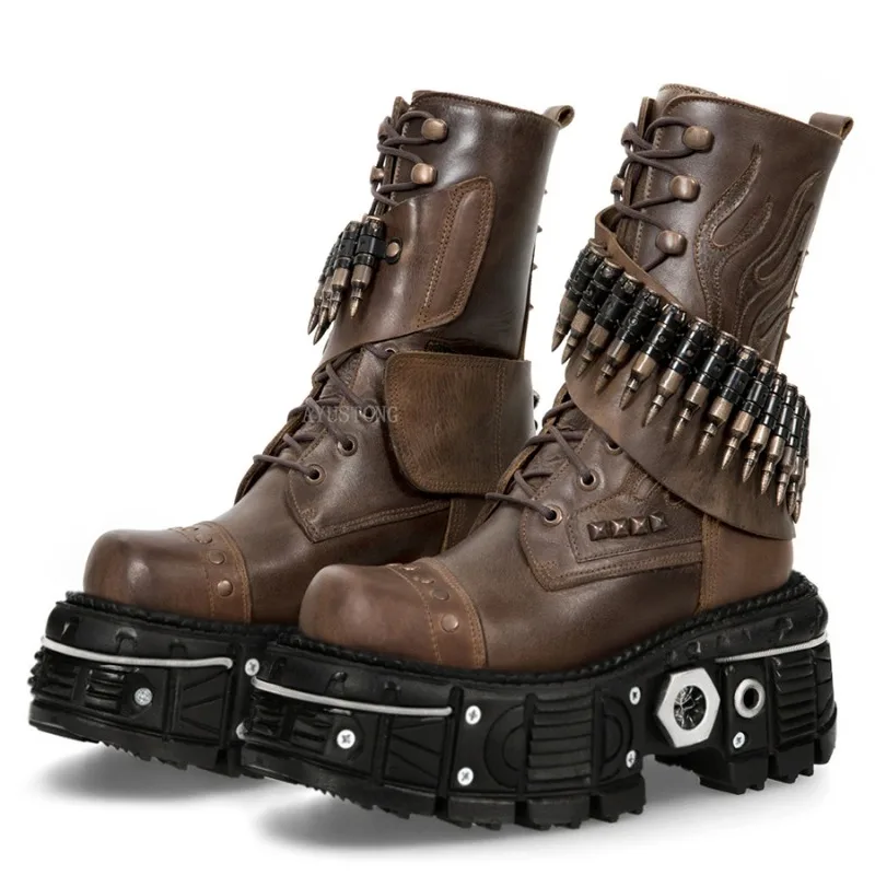 Sepatu Bot Motor Kulit Asli Model Tebal dengan Rivet dan Bullet, Gaya Street Rock Combat Boots Goth Punk Western Riding Boots