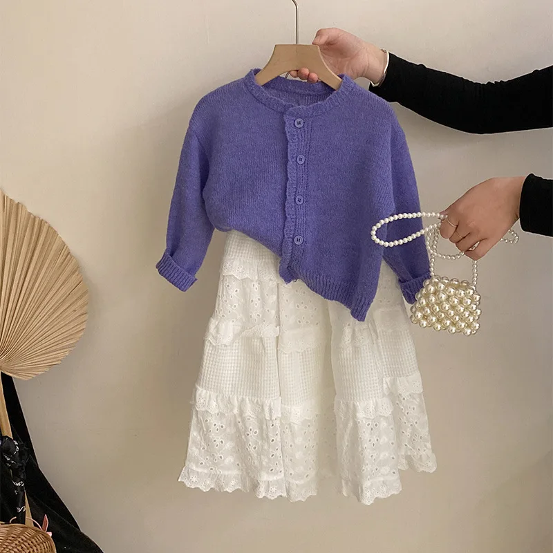 Two Piece Set 2025 Autumn New Solid Floral Skirt Korean Girls New Lace Knitted Cardigan Two Piece Set