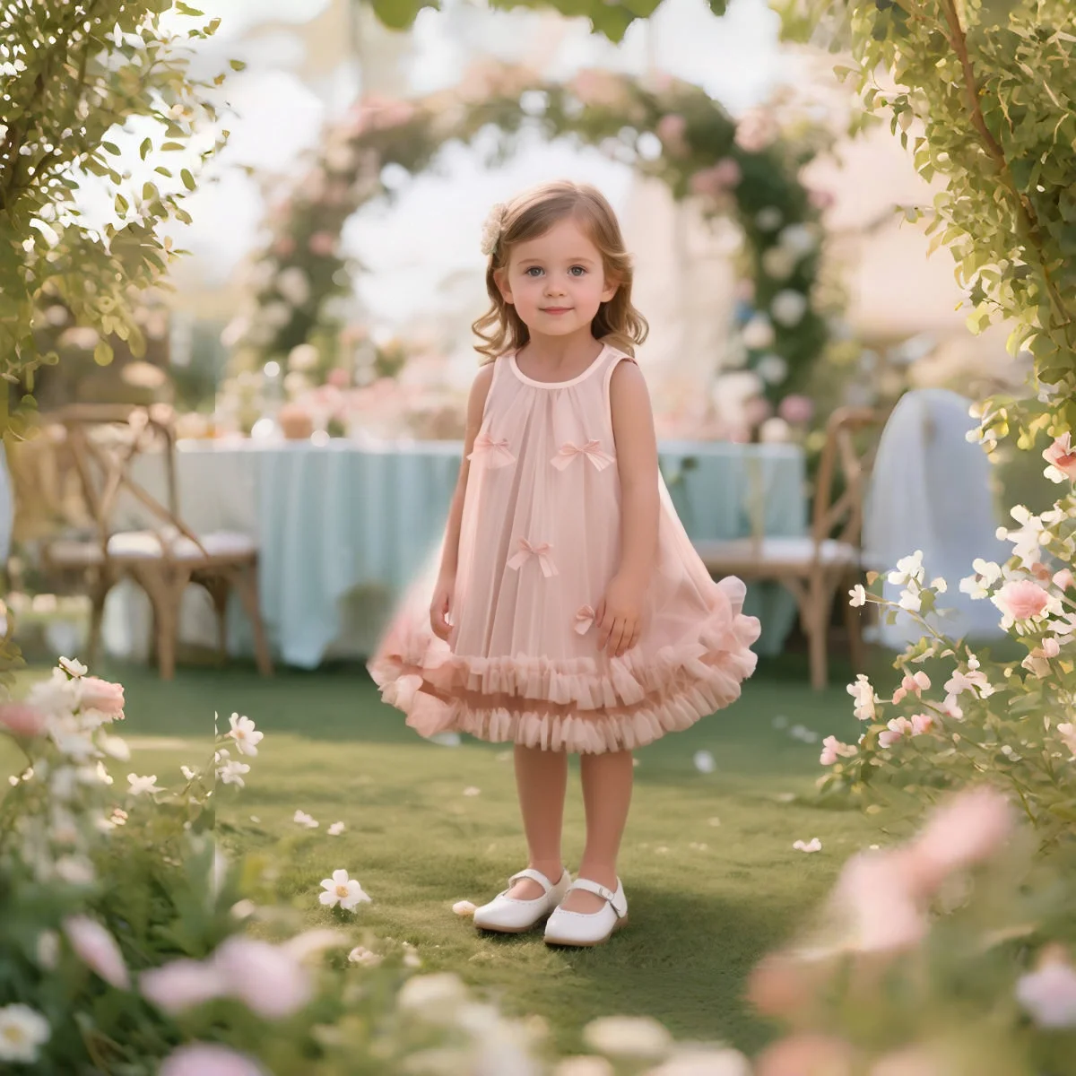 فستان عيد ميلاد للفتيات الصغيرات فساتين أطفال شبكية جديدة بدون أكمام فساتين غير رسمية مكشكشة بفيونكة حلوة للفتيات
