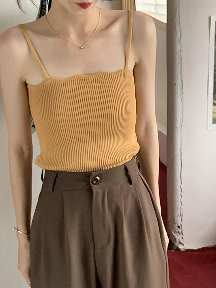 المرأة الصلبة الكشكشة محبوك قمصان بسيطة السباغيتي حزام لطيف القمم عادية عارية الذراعين الصلبة المحاصيل القمم موضة جديدة