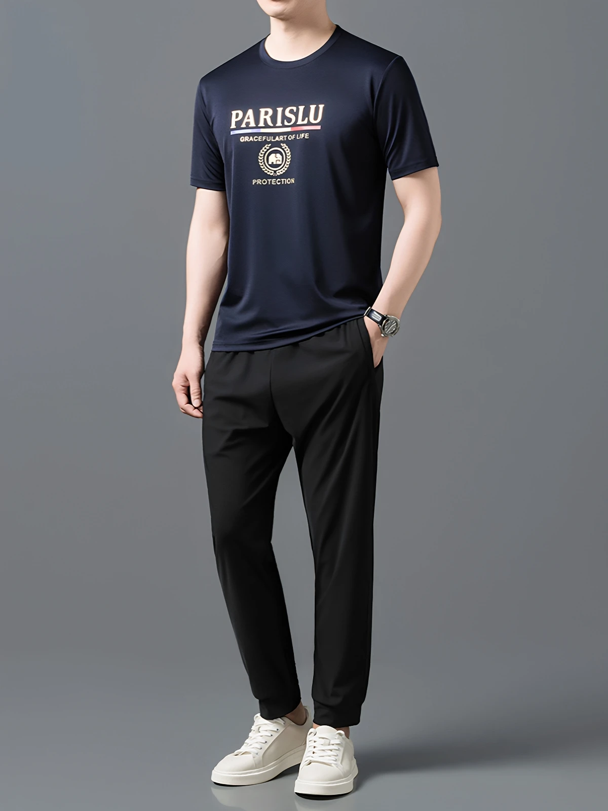 Conjunto Esportivo Casual Fazeya Ice Silk para Homens, Verão, Manga Curta, Caimento Solto, Gola Redonda, Duas Peças, Camiseta...