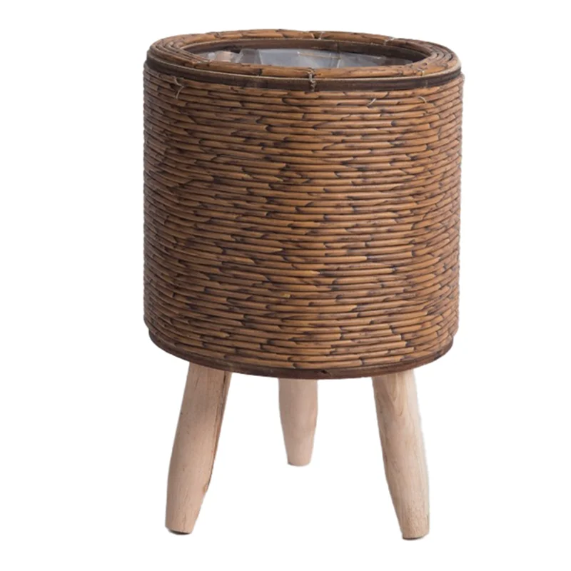 

ABMH-3X Vintage Imitation Rattan Woven Flower Shelf Planters Handmade Storage Basket With Wooden Legs Plant Pot Stand,F