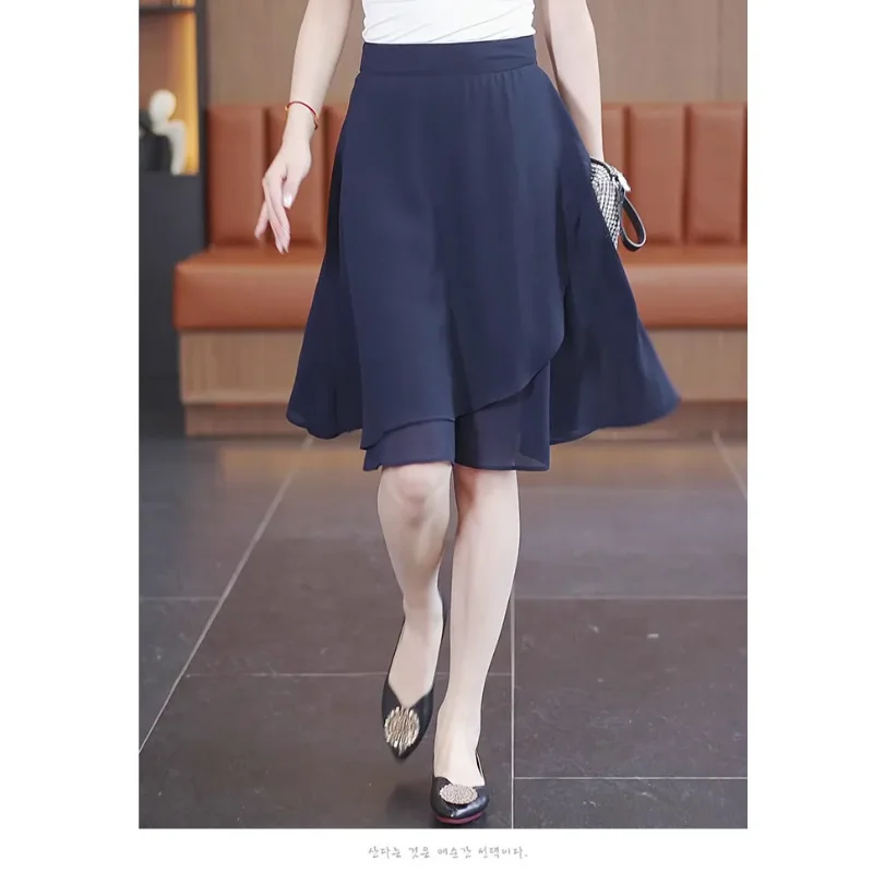 

Женская юбка миди с эластичным поясом, из прозрачной ткани, А-силуэт, однотонная черная, повседневная, элегантная, летняя, для ежедневной носки, расклешенная юбка