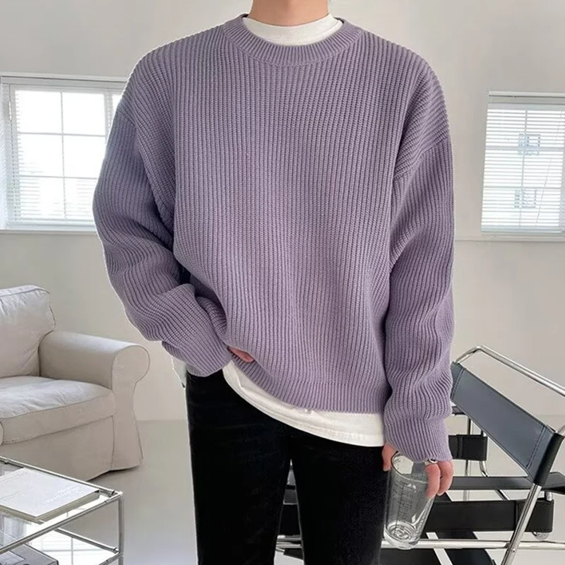 

Винтажные мужские вязаные свитера, осенне-зимний модный универсальный однотонный пуловер, топы, мужской стильный свитер с длинным рукавом и круглым вырезом