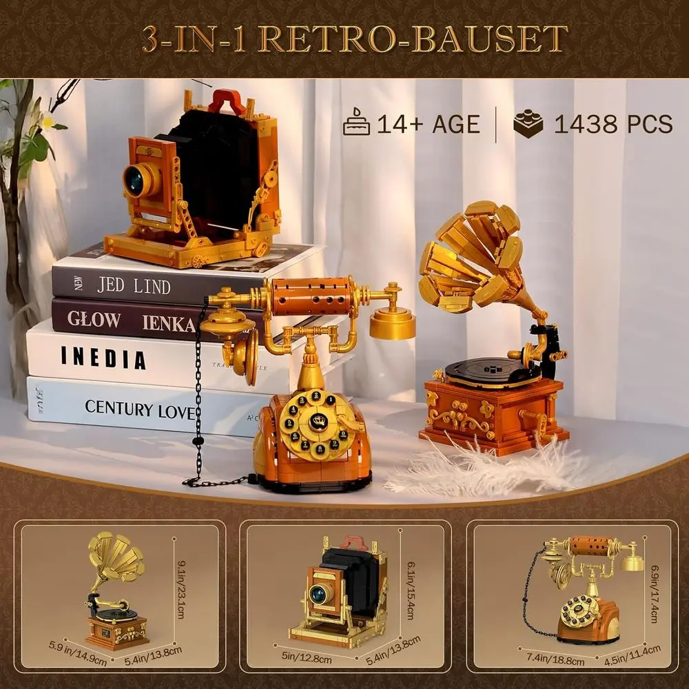 ชุดตัวต่อวินเทจ 1438 ชิ้น: กล้องถ่ายรูปย้อนยุค, โทรศัพท์, เครื่องเล่นแผ่นเสียงสำหรับบ้านและสำนักงาน, ของตกแต่งย้อนยุคยุค 80 สำหรับผู้ใหญ่