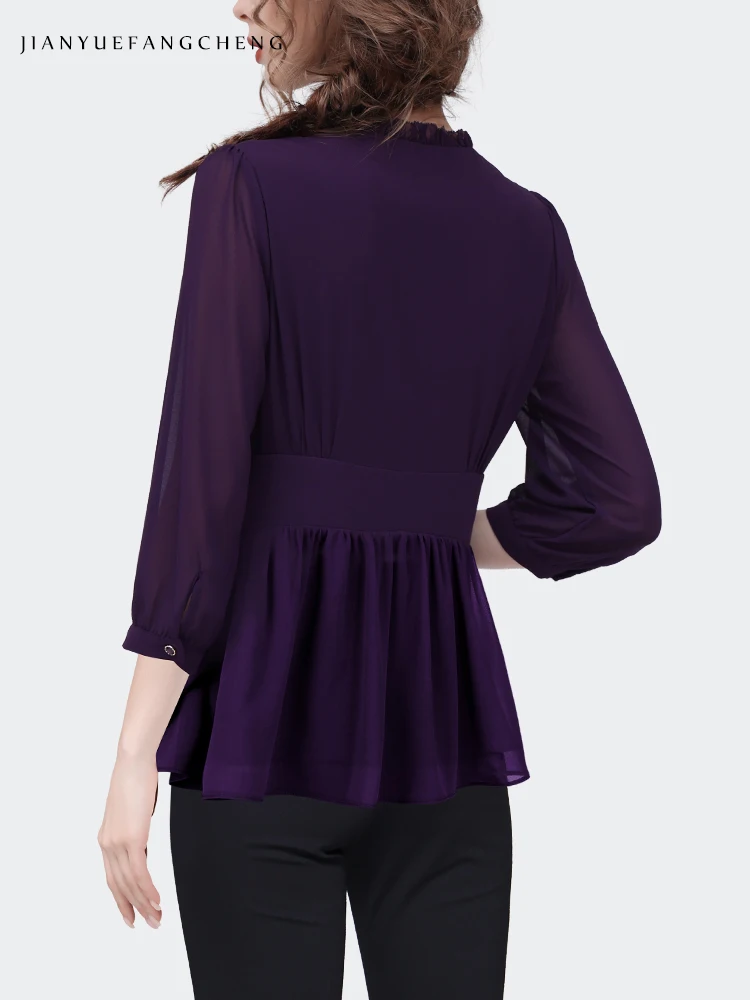 2024 Spring/Summer French Style Pleated Chiffon Shirt Top Women\'s Purple Beaded Cinched Waist 3/4 Sleeve Bottom Applique Blouses