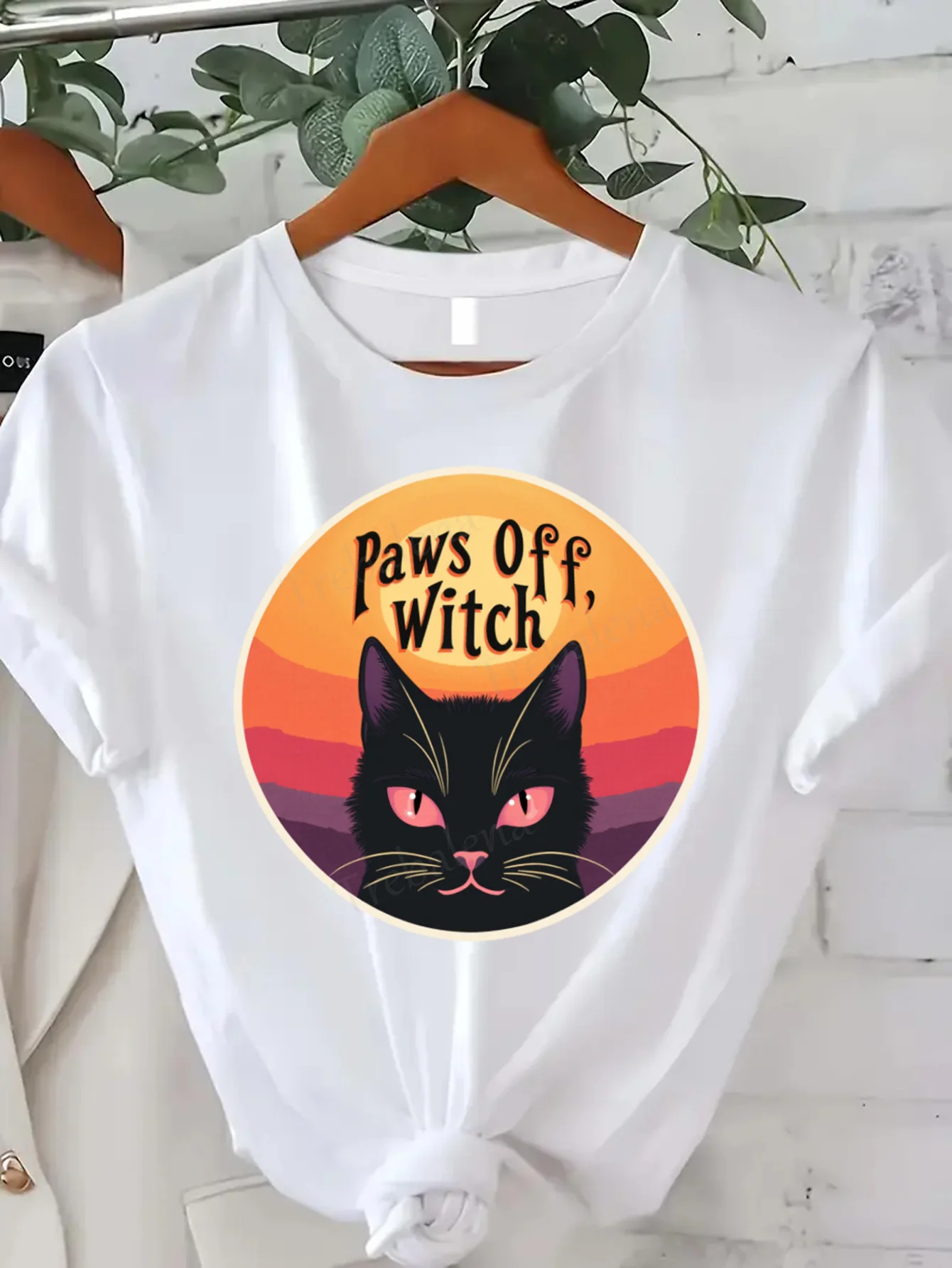 

Футболка с круглым вырезом Paws Off Witch Cat Print T-Shirt Женская футболка больших размеров на Хэллоуин Модный топ с короткими рукавами Модный повседневный топ