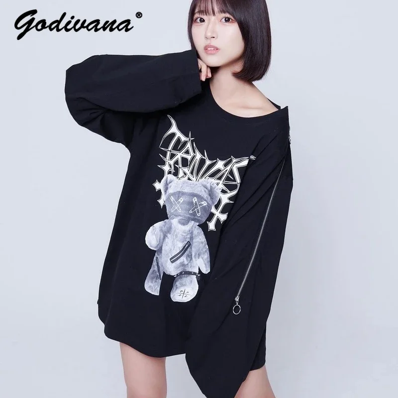 

Japanese Harajuku Mine Y2k Round Neck Pullover Top for Women Metal Punk Cartoon Print Off-Shoulder Long Sleeve T-shirt Tee Dress