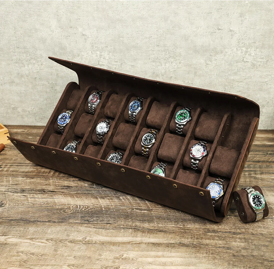 Large Capacity 24 Slots for Watches Crazy Horse Real Cowhide Leather Watch Display Case Retro Leather Travel Watch Storage Box