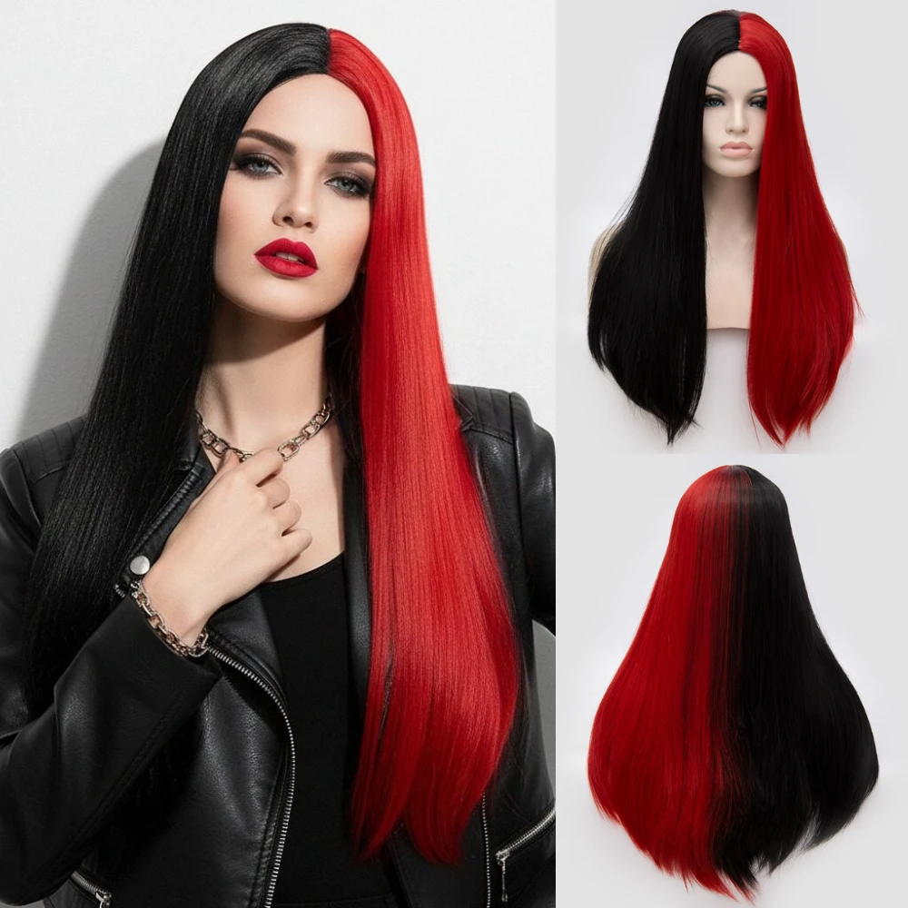 

Косплей Хэллоуин вечерние длинные прямые с челкой черный и красный двухцветный синтетический парик термостойкий для женщин