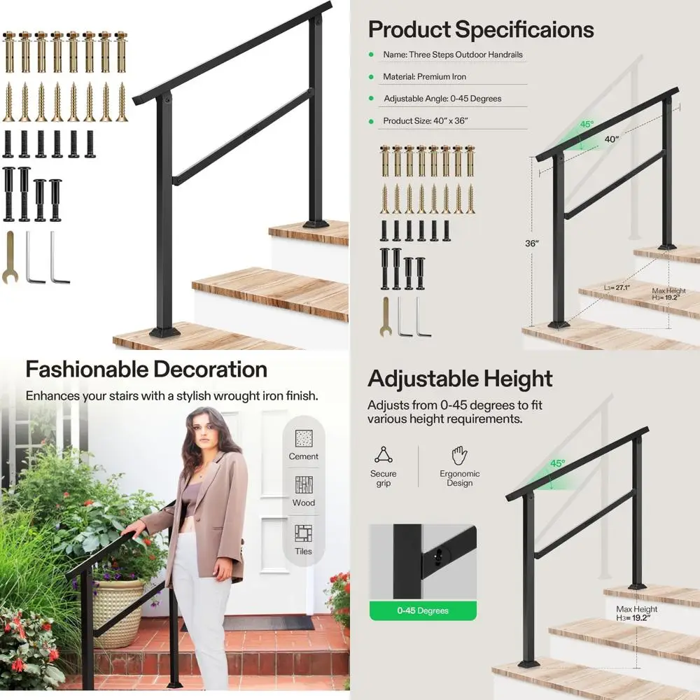 

3-Step Wrought Iron Outdoor Stair Handrail, 40 x 36, Suitable for 1-3 Steps, Durable Matt Black Finish for Concrete Steps, Porch
