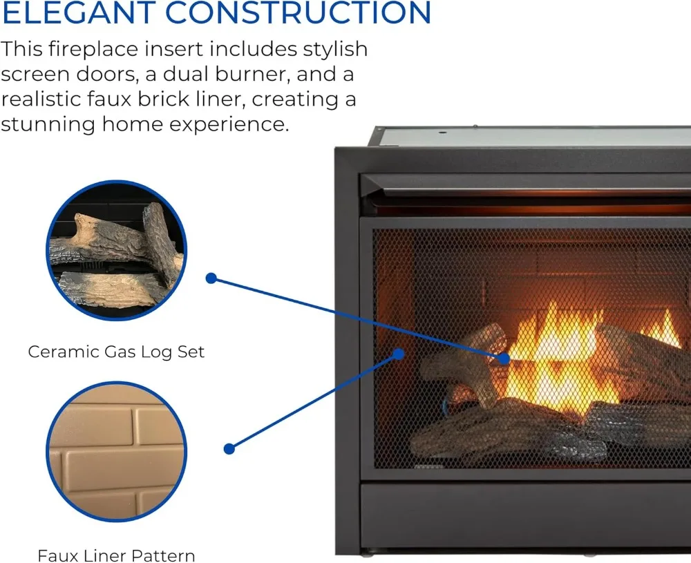 

Ventless Dual Fuel Gas Fireplace Insert, Thermostat Control, 26000 BTU, Heats 1350 Sq Ft, Black