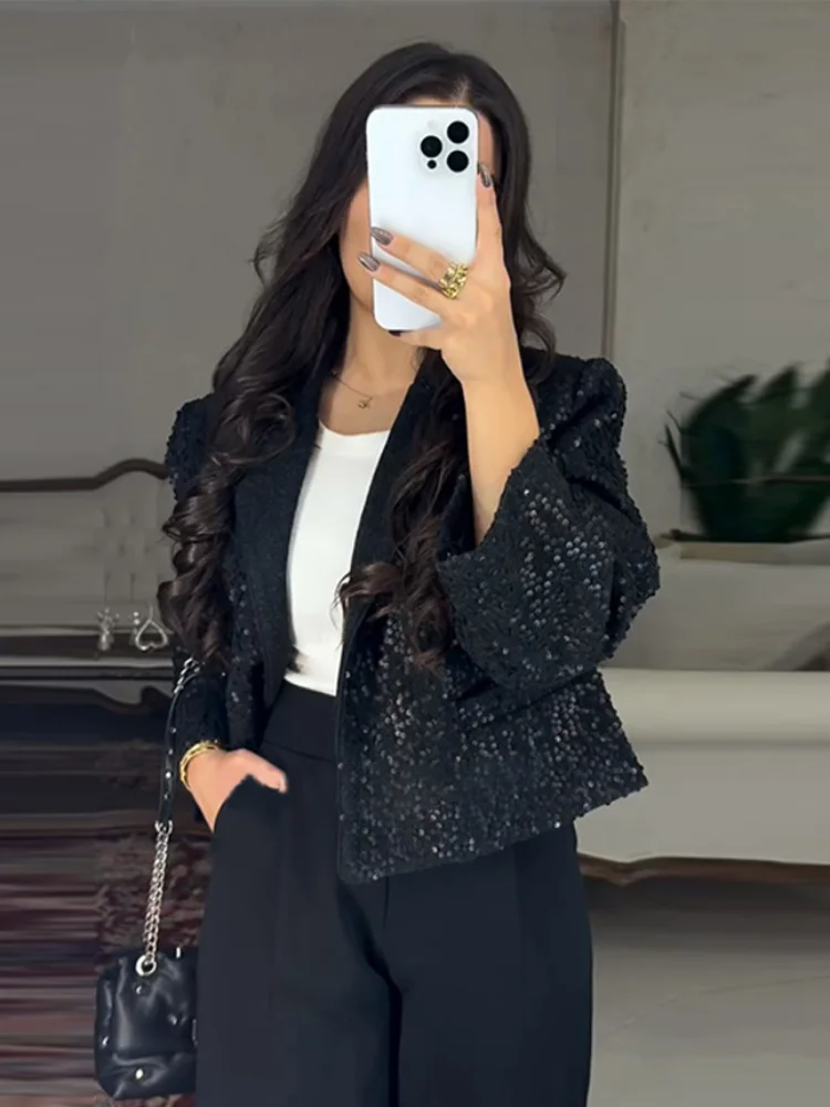 

Fashion Sequin Women's Short Jacket V-Neck Long Sleeve Glitter Female Coat 2026 Spring Autumn New Lady Chic Street Outerwear