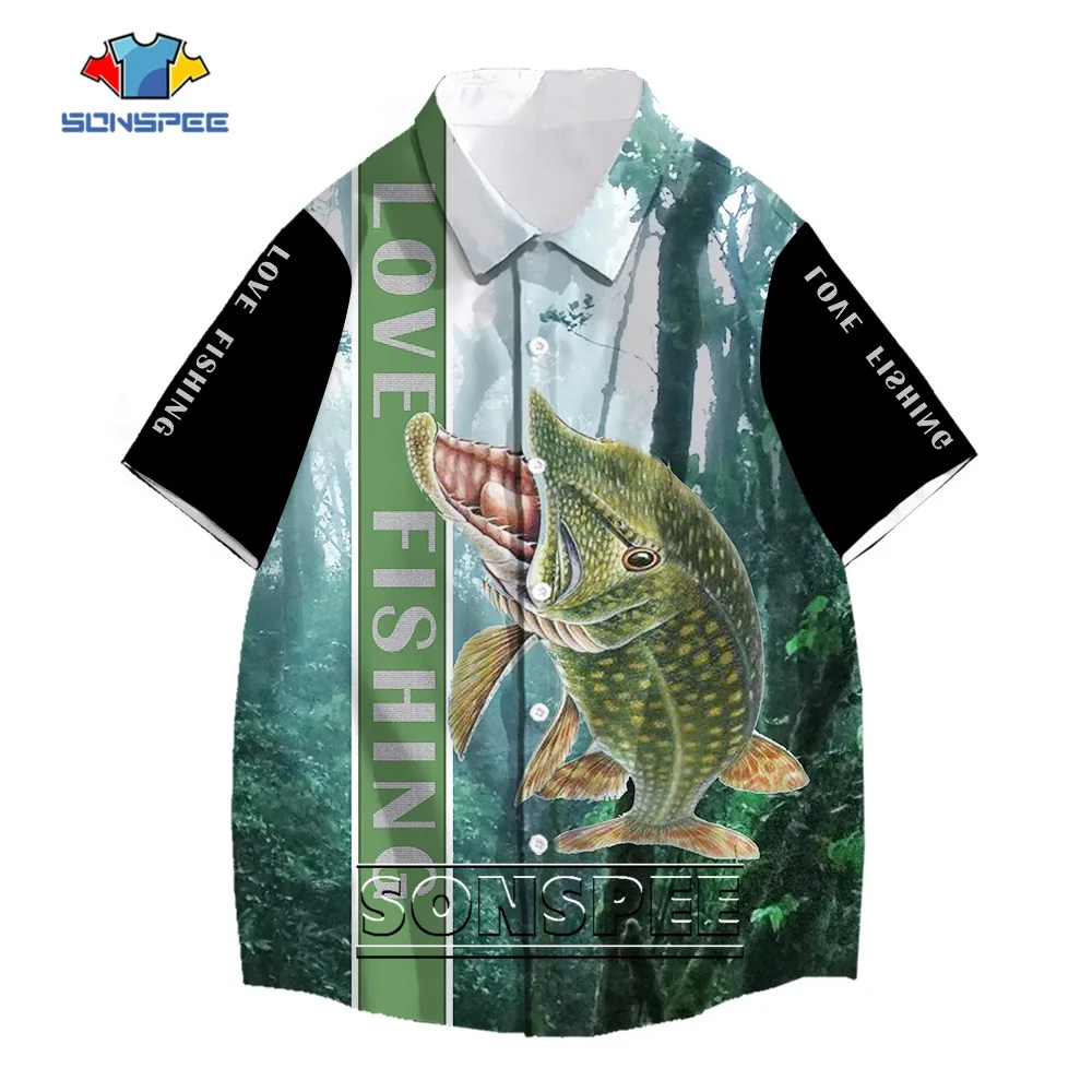 SONSPEE Carp Fishing 3D Printing Hawaiian Shirt Love Fishing Hip Hop Shirts Fashion Personality Trend Jungle Animal Tops for Men