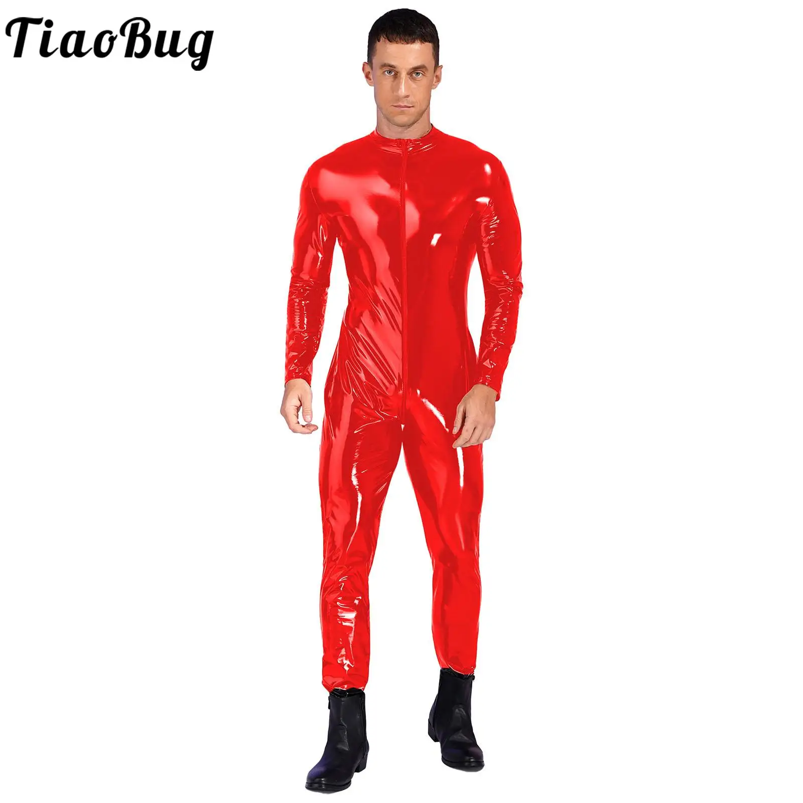 

Mens One-piece Zipper Crotch Bodysuit Shiny Wet Look Patent Leather Leotard Jumpsuit Stand Neck Long Sleeve Catsuit Clubwear