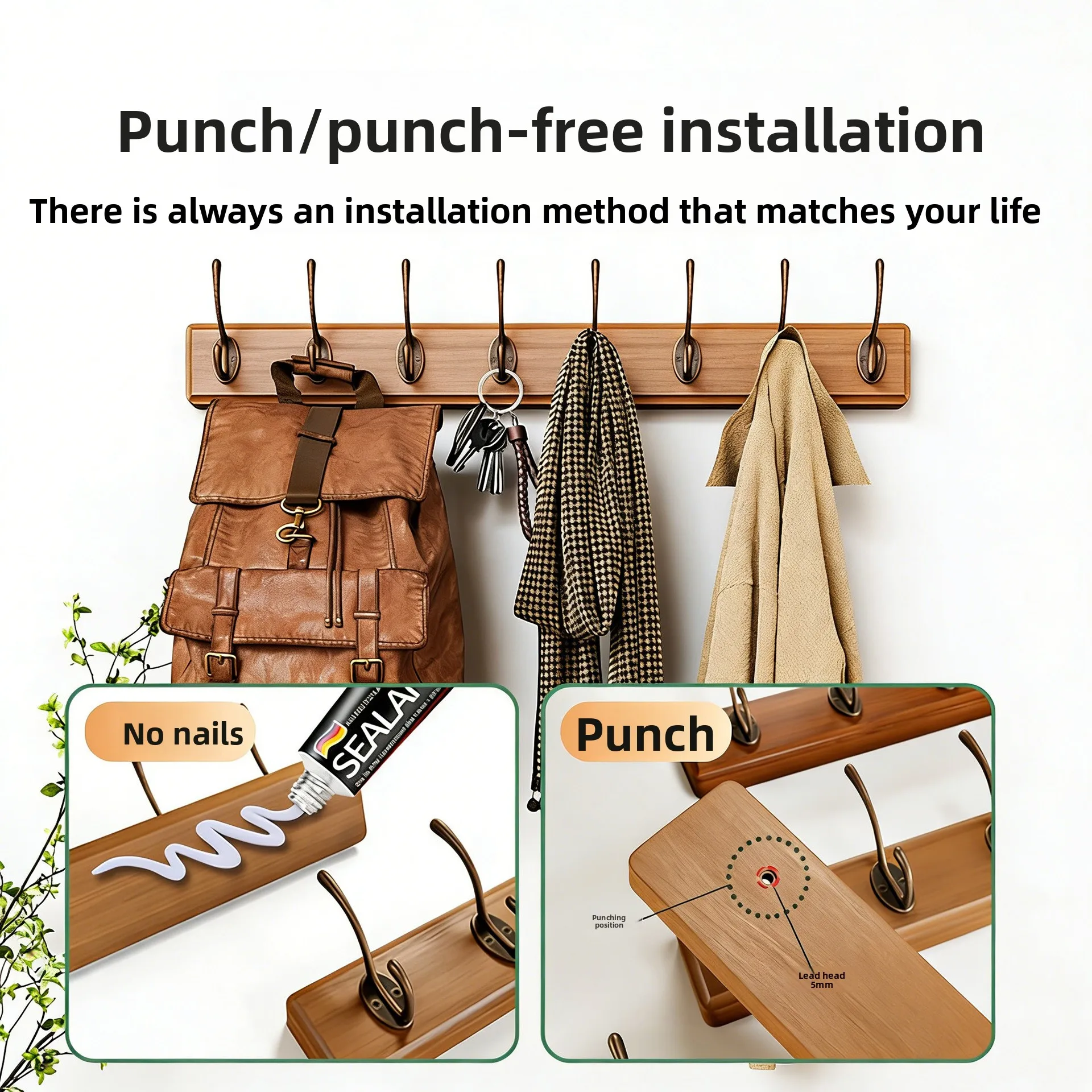 Rustic Wall Mounted Coat Rack With 16 Inch Mounting Hole Distance, Pine Solid Wood Coat Hook Hanger  For Hanging