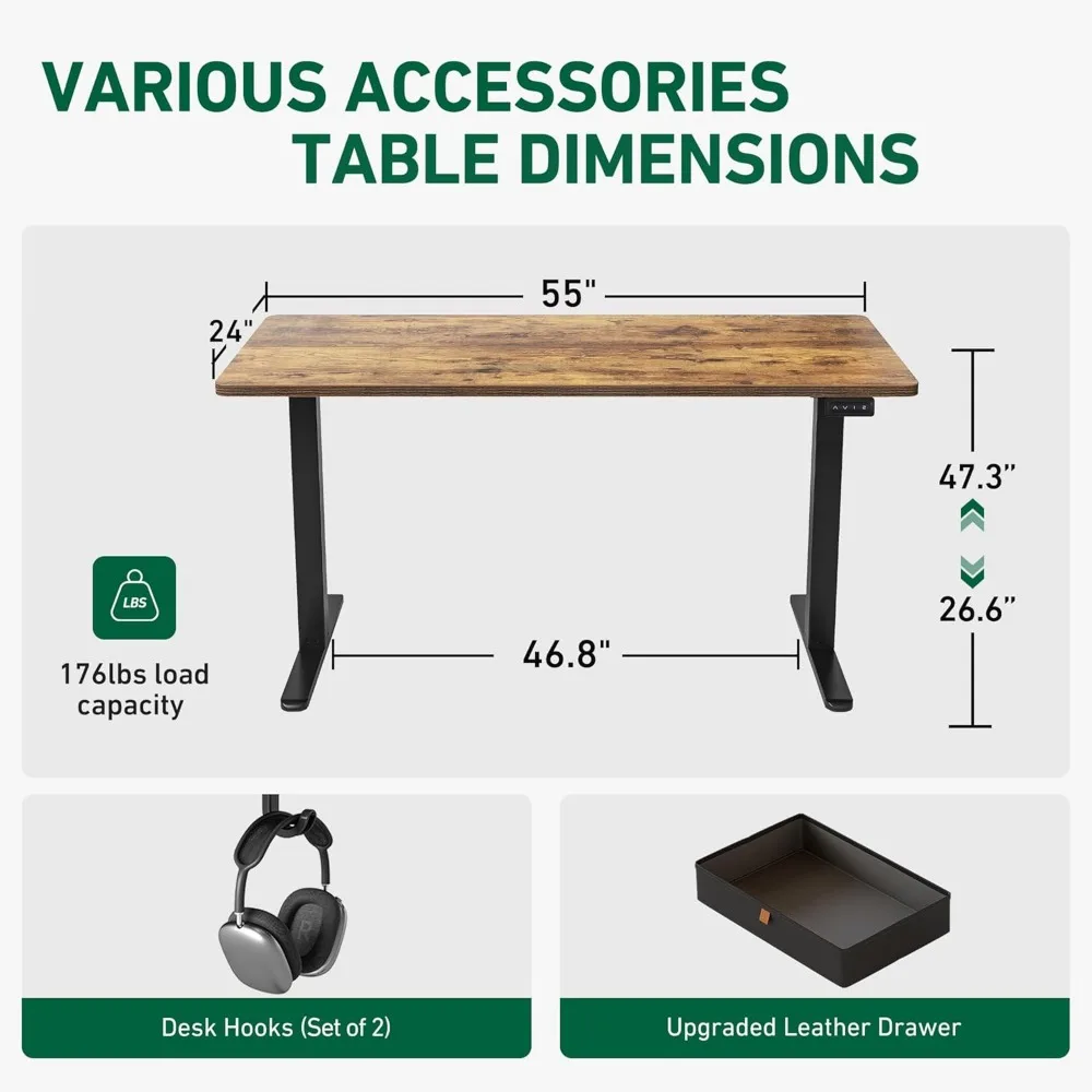 Стоячий стол 55 x 24 дюйма с выдвижным ящиком, электрический стол с регулируемой высотой и местом для хранения, стол для домашнего офиса с подставкой для сидения