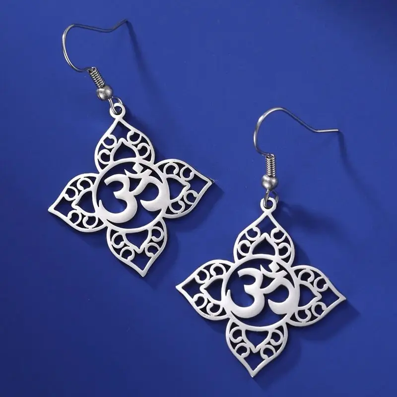 Dawapara Yoga Lotus OM Symbol Dangle Earrings for Women Aum Ohm Spiritual Amulet Chakra Pendant Stainless Steel Jewelry