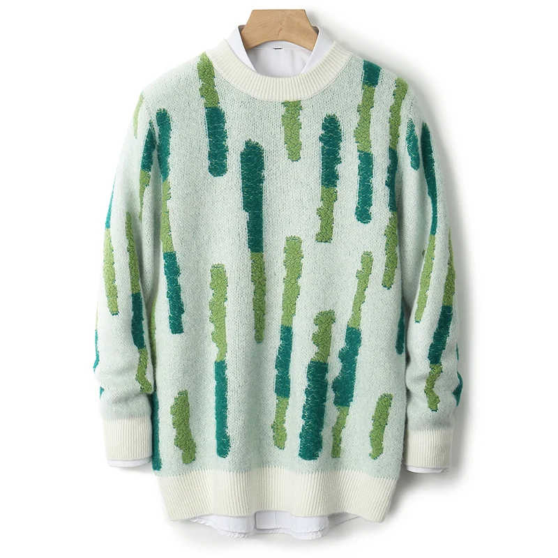 

Men's O-neck Pullover Autumn Winter 100% Merino Wool Splicing Contrasting Colors Sweater Long Sleeve Jumper Cashmere Thick Top