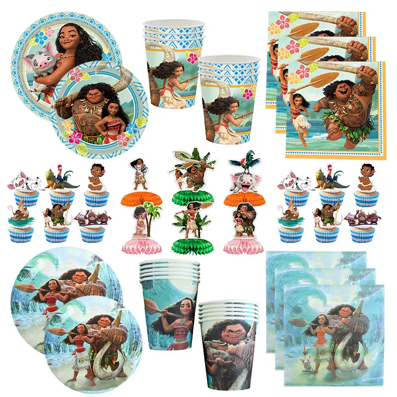 Disney Moana Princess Birthday Party Decoration Tableware Set Paper Cups Plates Tablecloth Backdrop Number Balloons Baby Shower