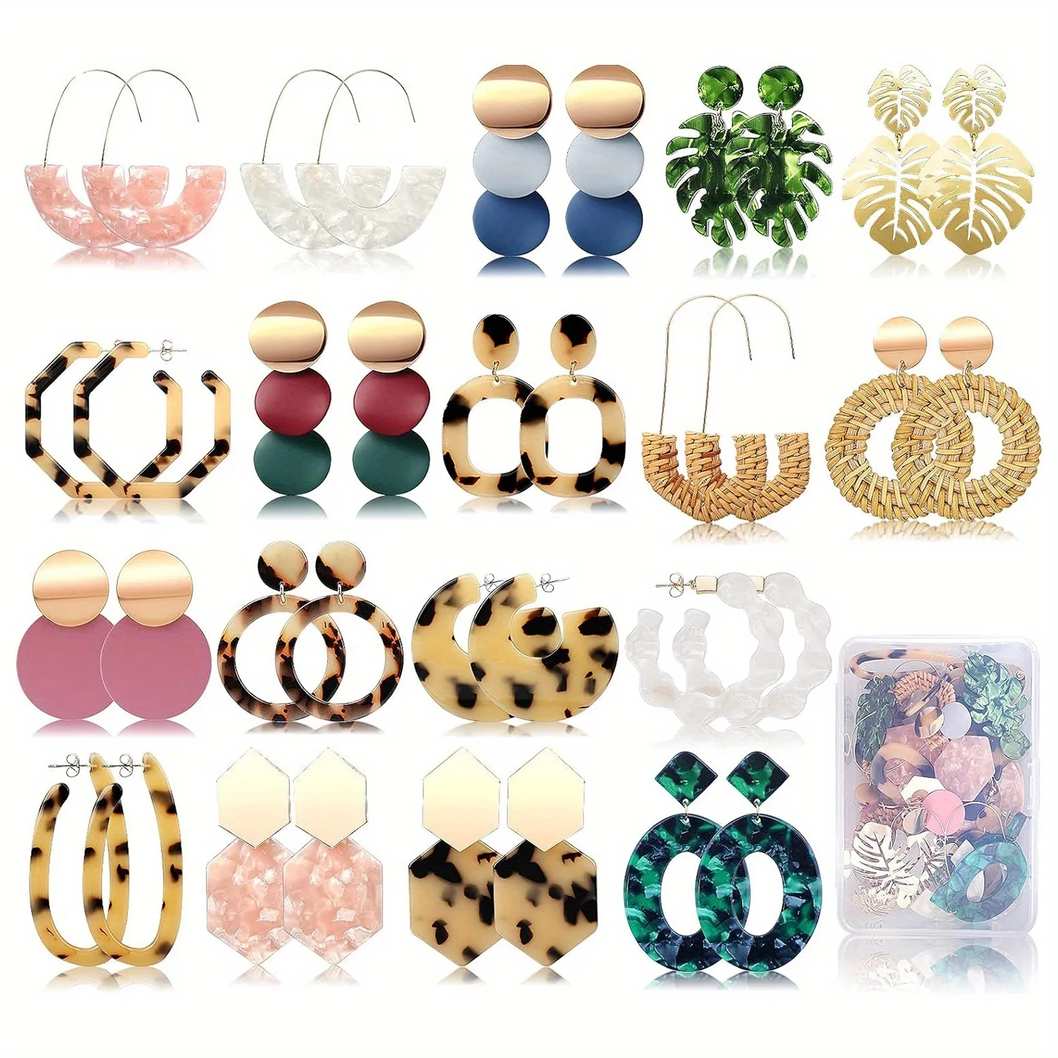 

18 Pairs Statement Earrings for Women Straw Rattan Earrings Acrylic Resin Hoop Drop Dangle Earrings Set