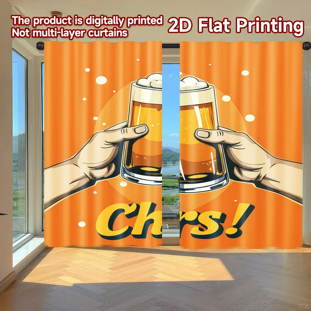 2D flat printing 2pcs Curtains Beer Celebration Toast Digital Printed Polyester Drapes Birthday Party Use for Outdoor Holiday