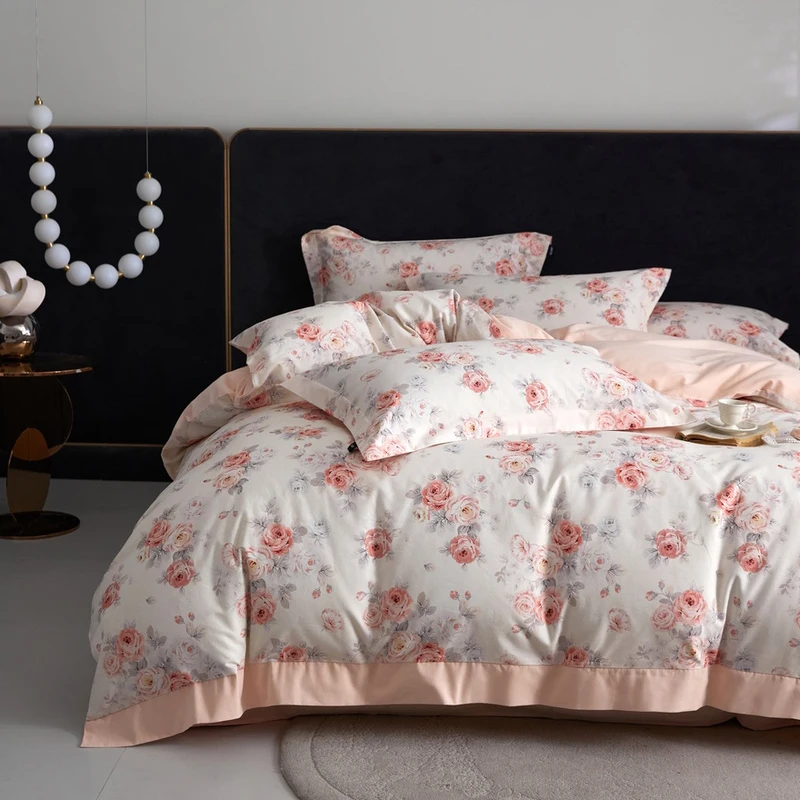Rose Flowers Printing Bedding Set Luxury 100% Cotton 4pcs Pink Duvet Cover Sets Bed Sheet Pillowcases Home Textile