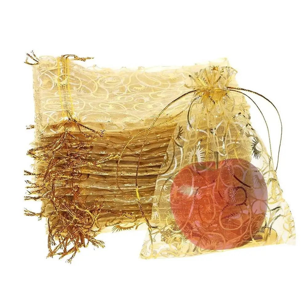 100/200 個シマーゴールドキャンディーバッグ巾着オーガンザバッグギフトバッグポーチクリスマス結婚式誕生日パーティー用