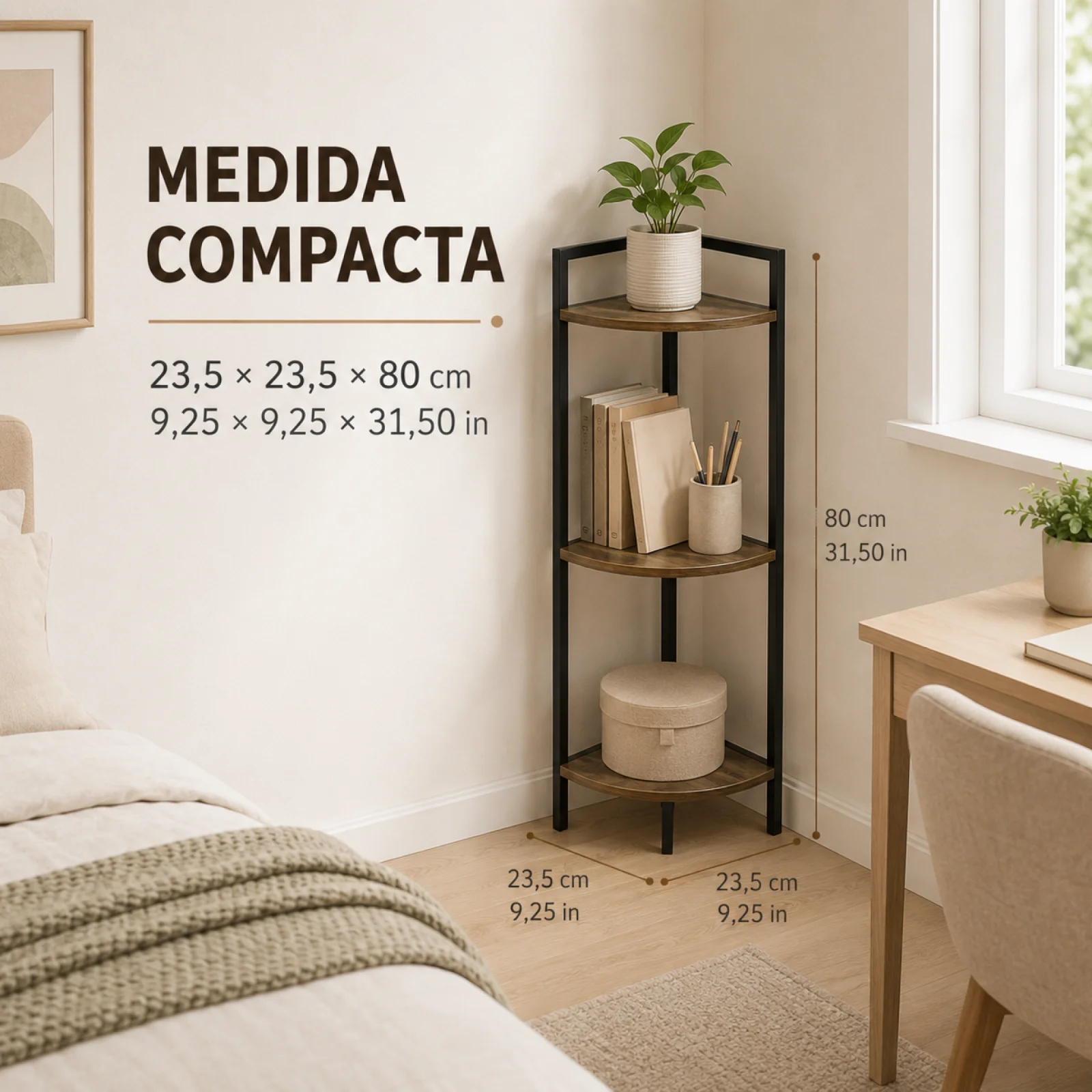Fotografia 6: Estante de Canto de 3 Níveis para Armazenamento, Prateleira de Canto Industrial em MDF e Metal para Cozinha, Sala de Estar e Banheiro, Organizador Compacto 23,5x23,5x80cm