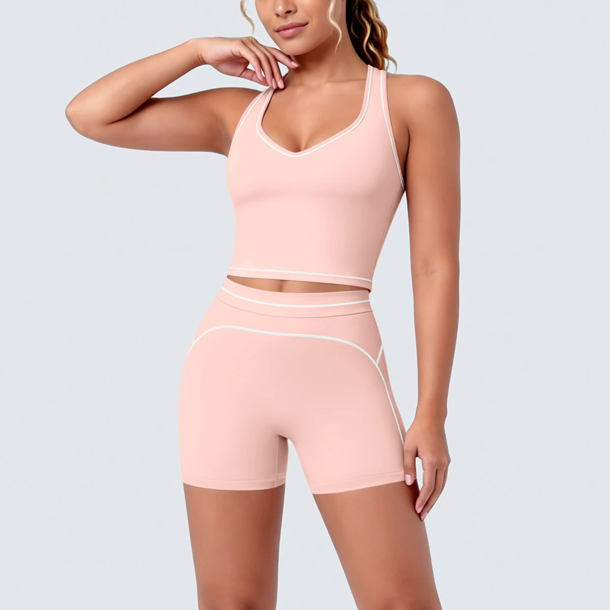 2PCS Color Blocking Yoga Set for Woman High Waist Quick-Dry Fitness Shorts Backless I-shaped Vest Shockproof Workout Yoga Set