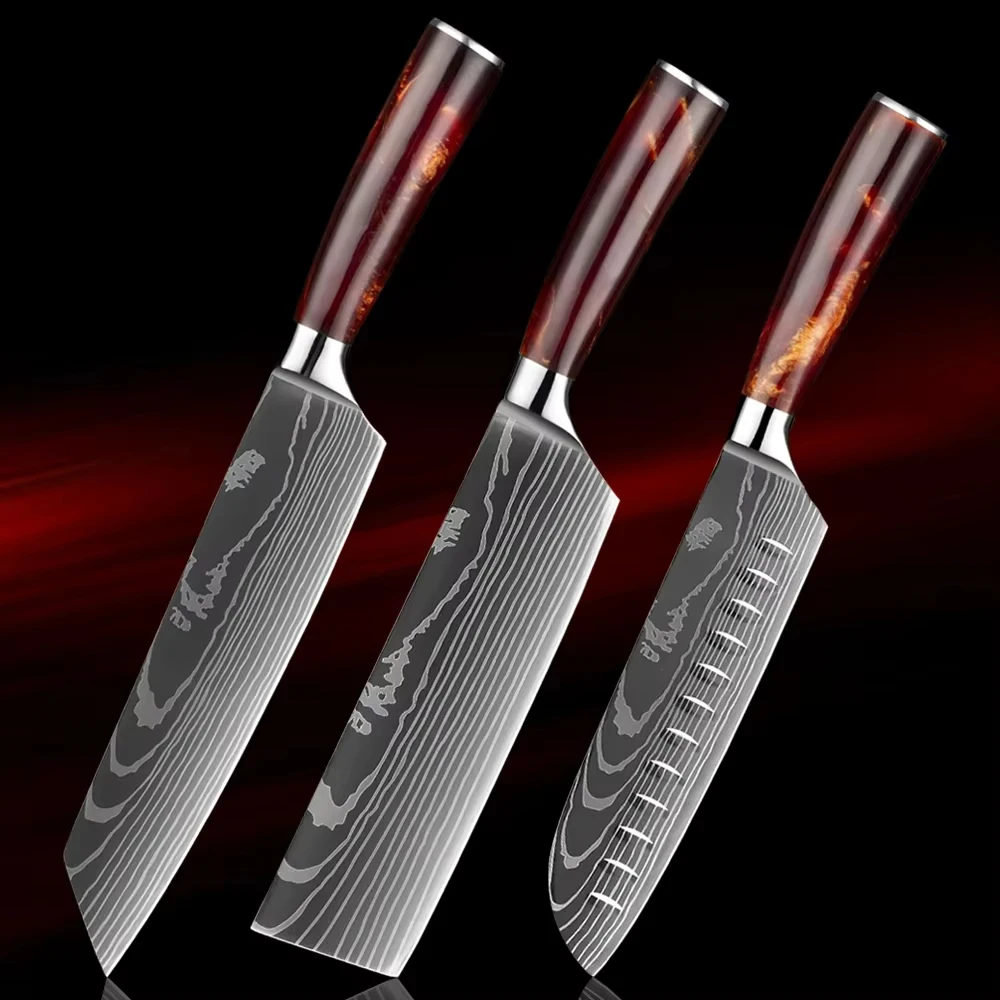 3PCS Kitchen knife Set Sharpness Kitchen Cooking Tools Stainless Steel Red Resin Handle Kitchen Chef Bread Cleaver Utility Knife