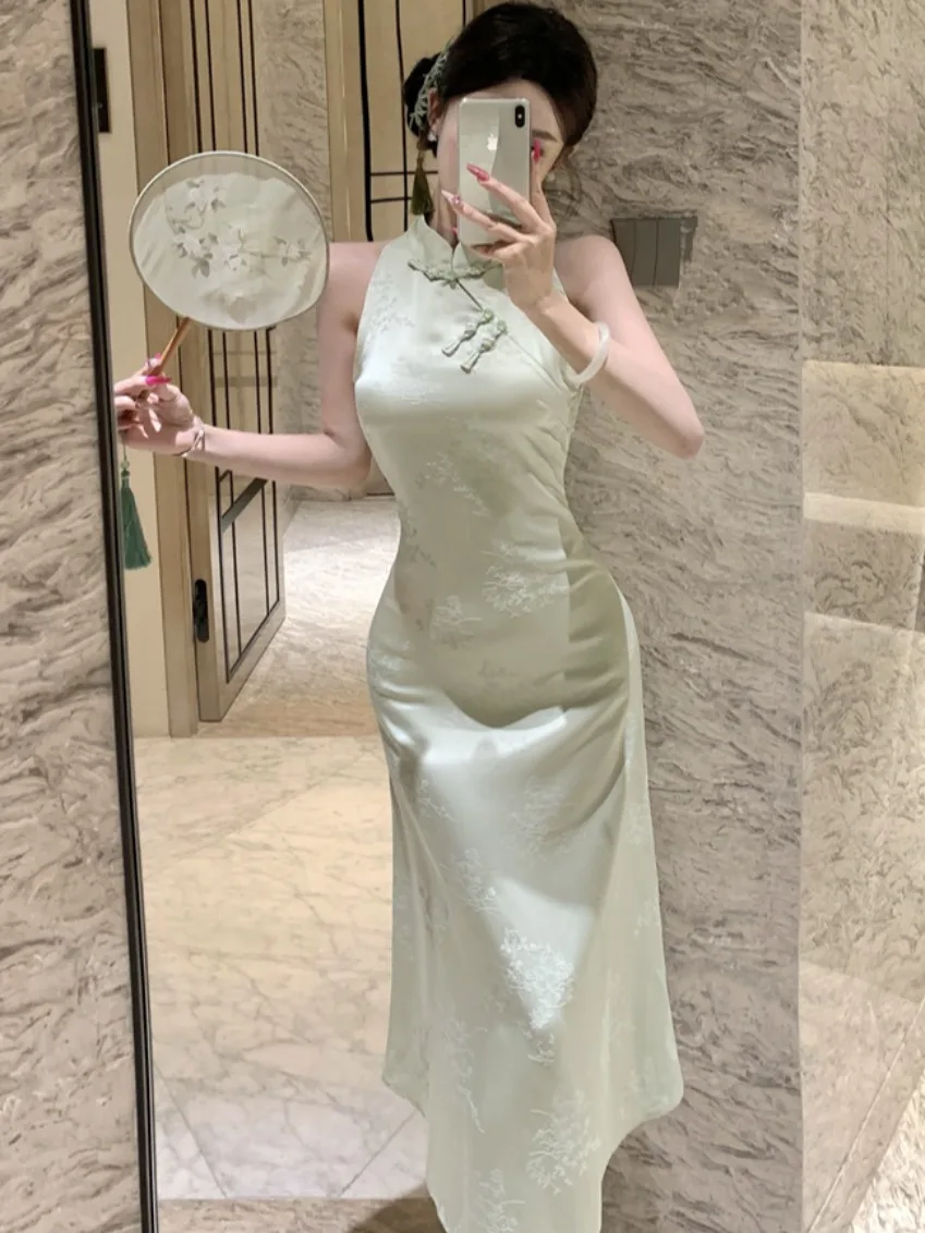 

Retro Chinese Style Tie-Detail Collar Slimming Long Qipao Dress Women's Summer Fashionable Casual Mid-Length Gown